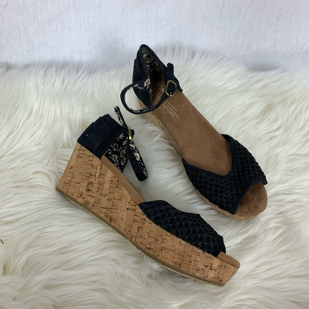 Toms Black Woven Cork Wedge Sandals with Ankle Strap